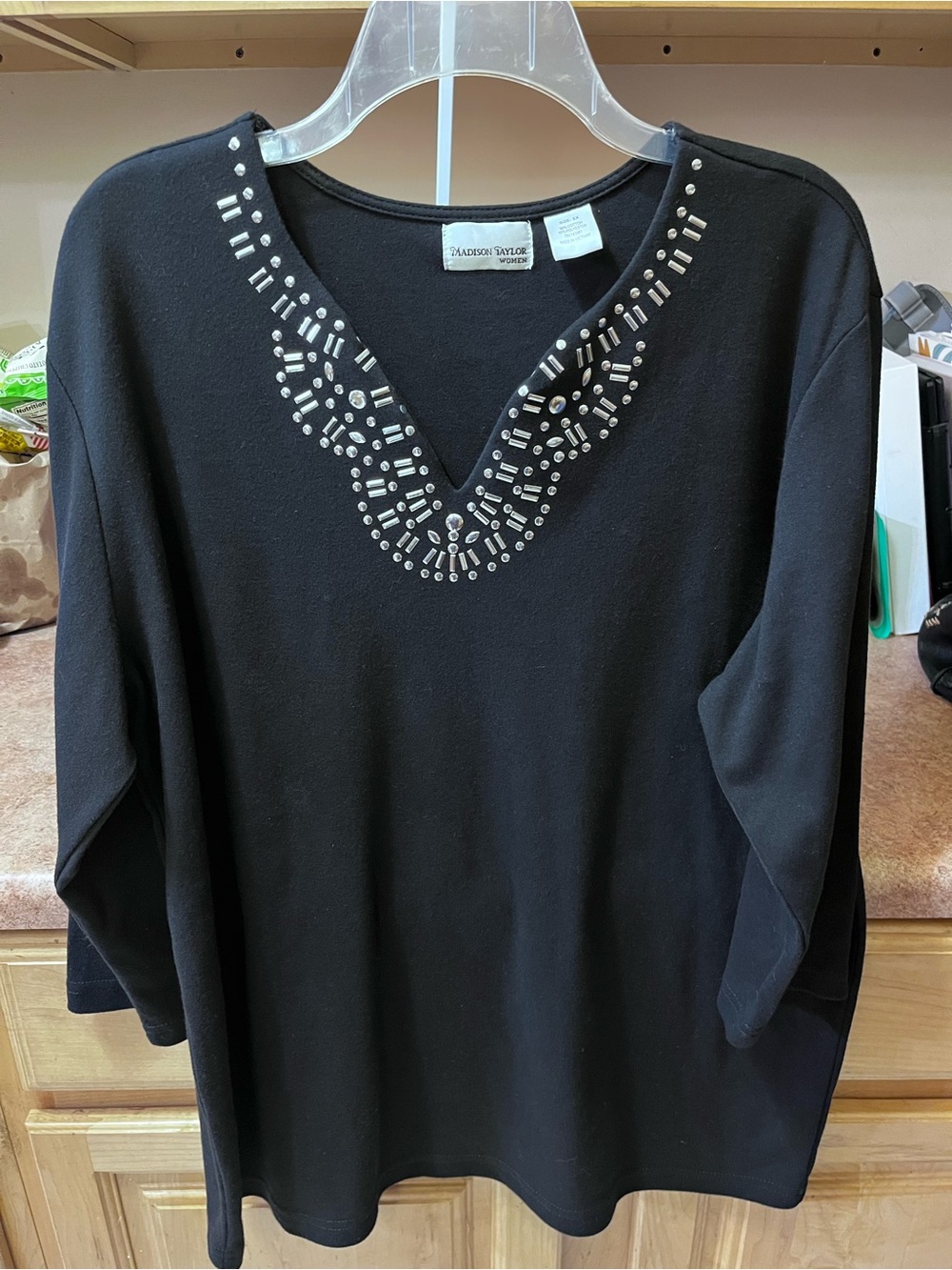 Black Embellished V-Neck Women's Top